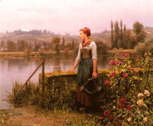 Daniel Ridgway Knight - A Woman With A Watering Can By The River